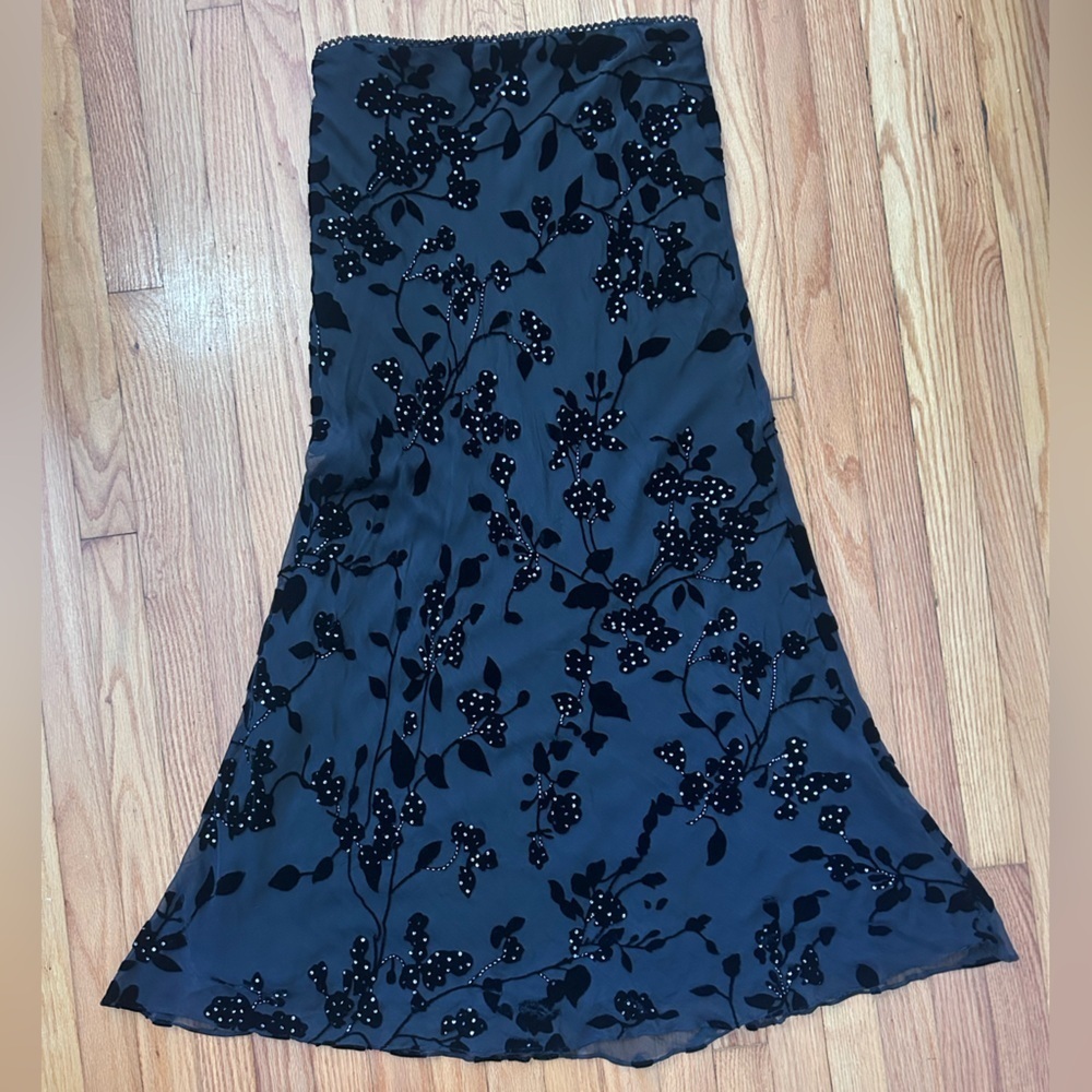 XSCAPE Black Velvet Burnout Silk Beaded Maxi Skirt 16 Formal Evening Wedding - Picture 6 of 15